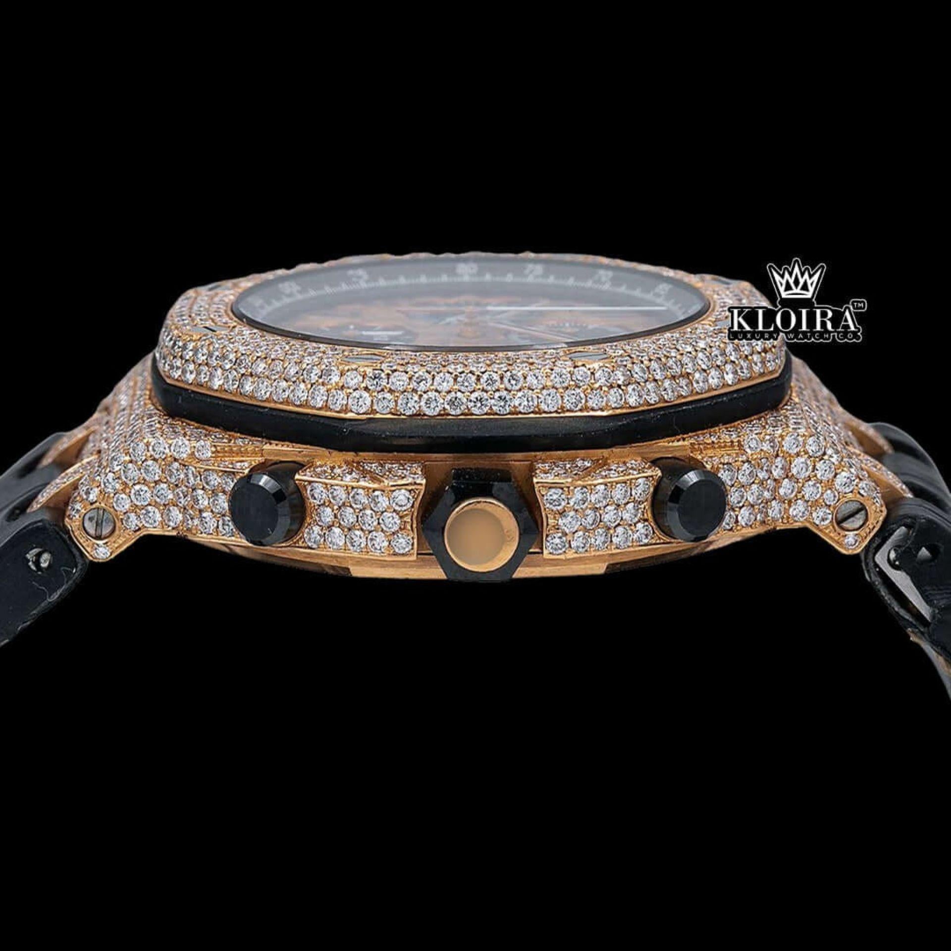 Black Leather Strap Chronograph Yellow Dial Moissanite Diamond Watch Crown View