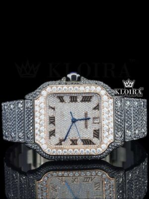 Black Iced Out White Dial Roman Numerals Moissanite Diamond Watch