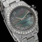 Black Pearl Dial Roman Numerals Fully Iced Out Moissanite Watch Close Up Dial View