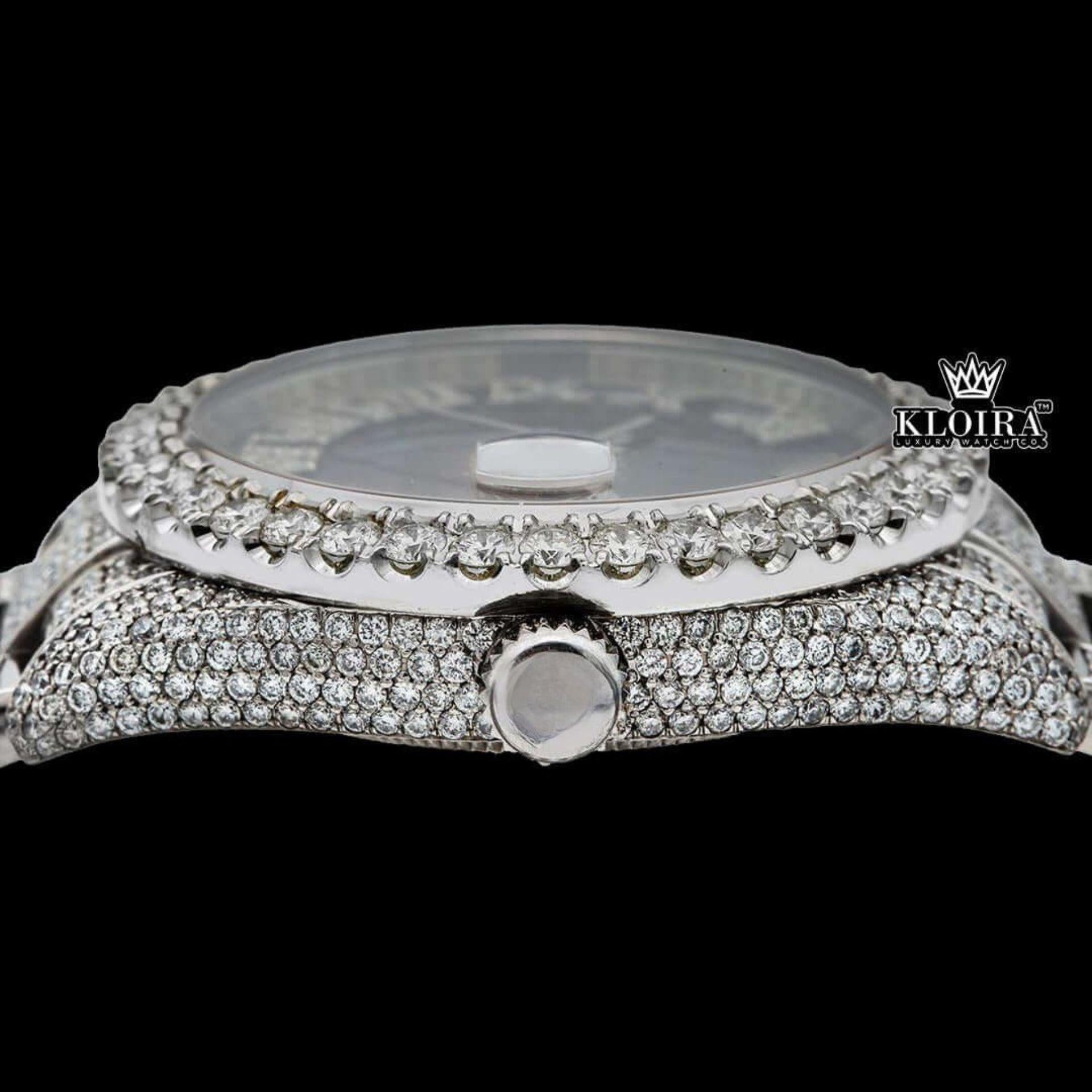 Black Pearl Dial Roman Numerals Fully Iced Out Moissanite Watch Crown View