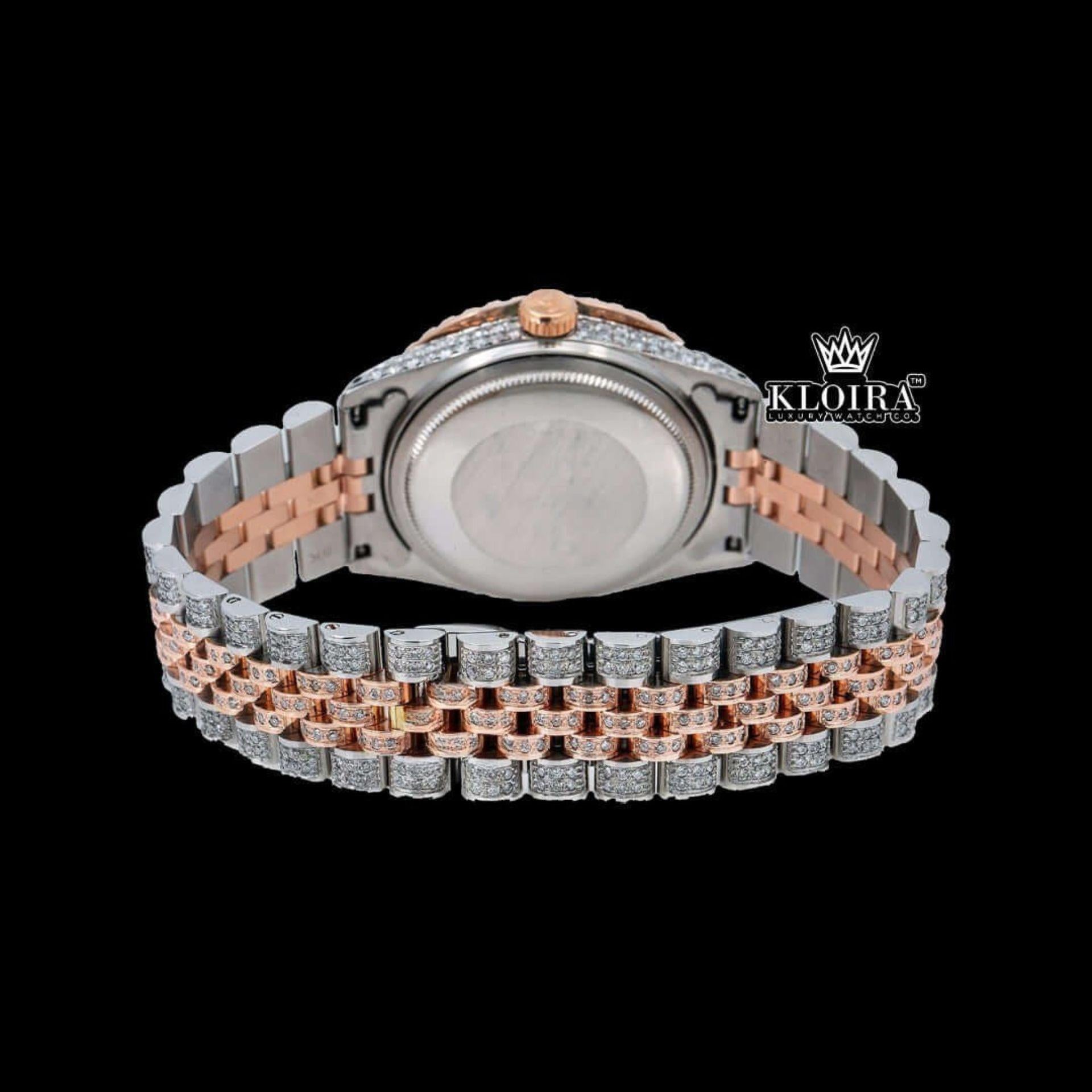 Black Roman Dial Two Tone Diamond Link Strap Moissanite Watch Caseback View