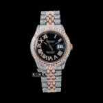 Black Roman Dial Two Tone Diamond Link Strap Moissanite Watch