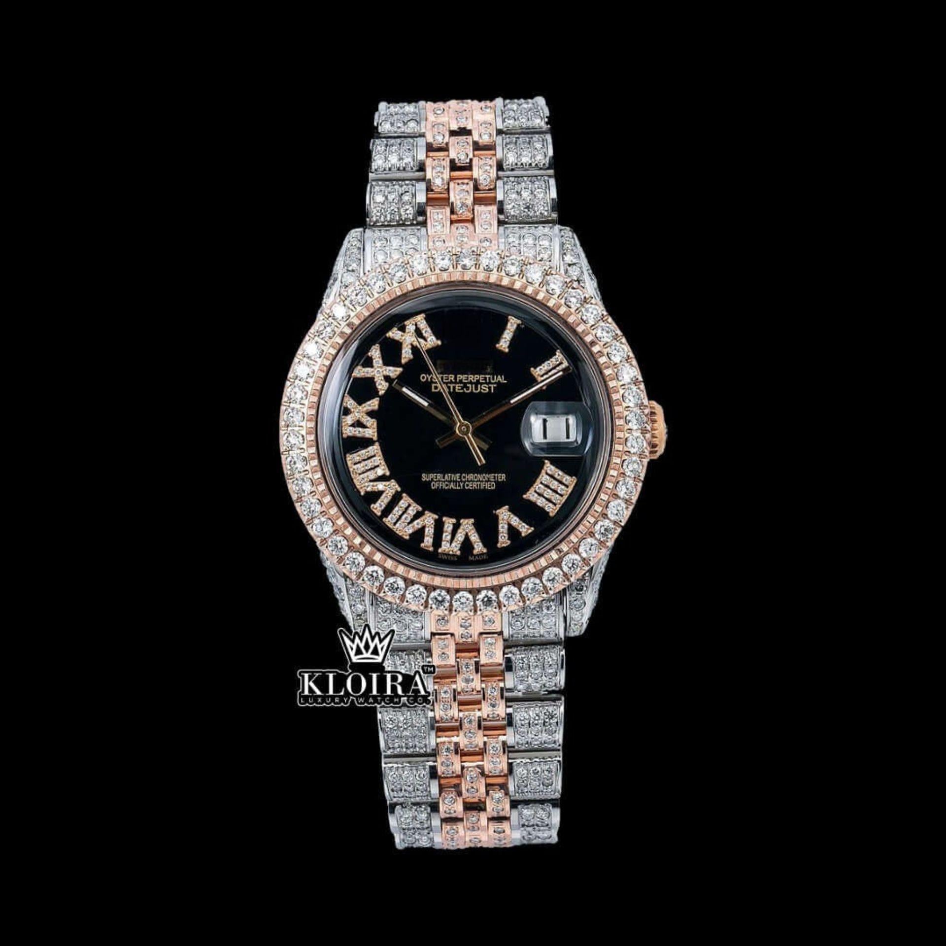 Black Roman Dial Two Tone Diamond Link Strap Moissanite Watch Front View