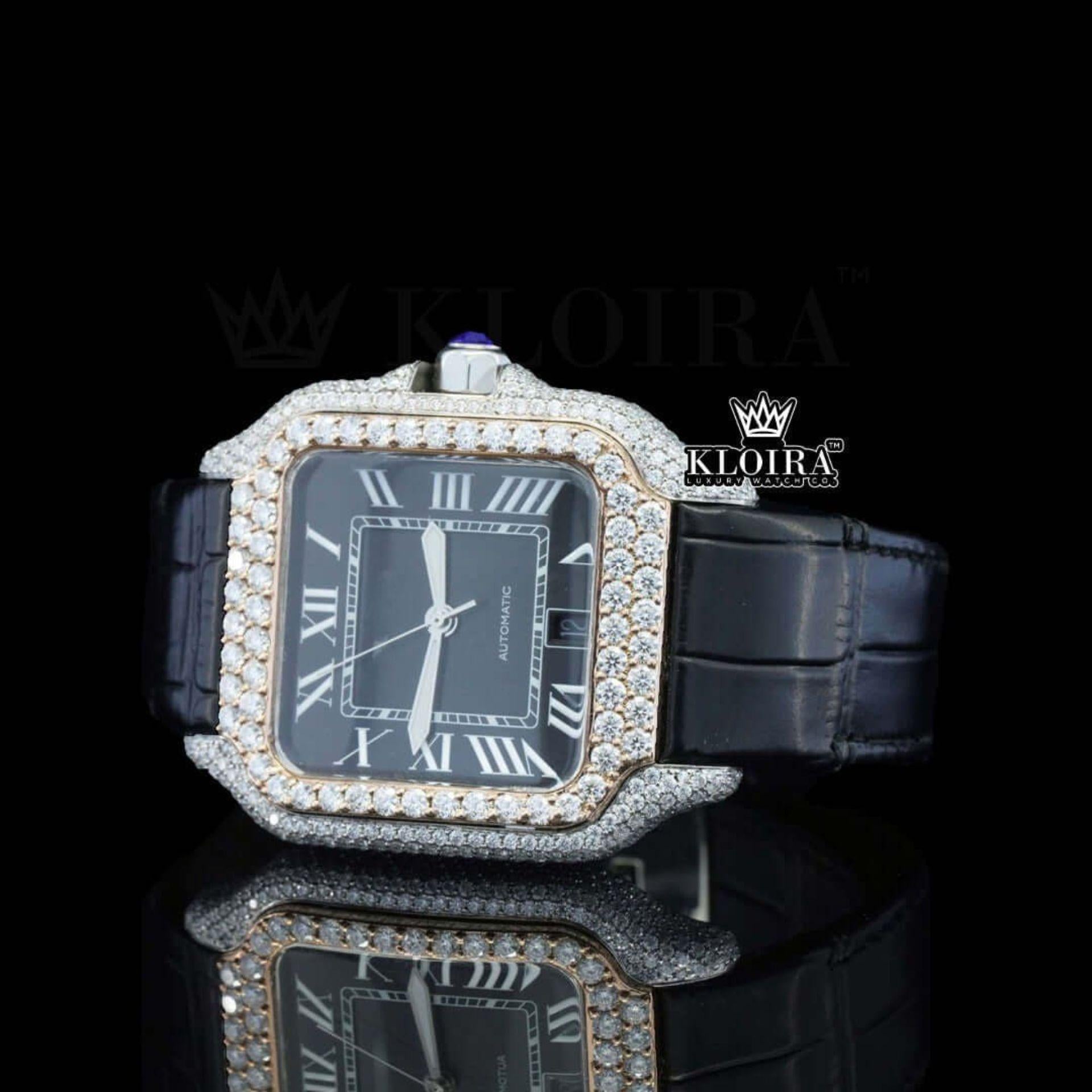 Black Roman Dial Yellow Gold Semi Iced Out Natural Diamond Watch Close Up Dial View