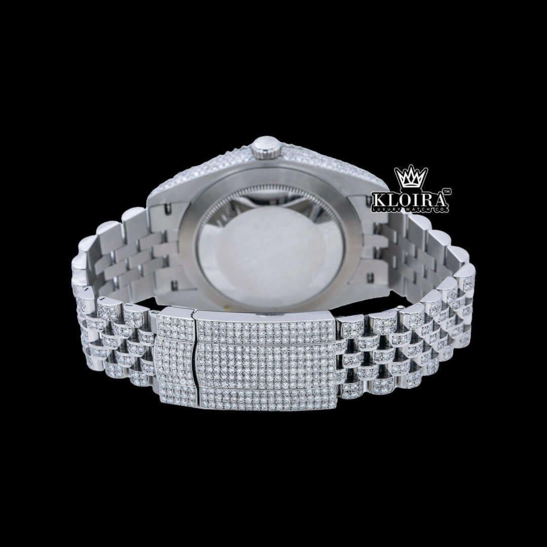 Black Roman Numeral Full Iced Out White Dial Moissanite Diamond Watch Caseback View