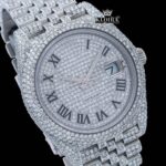 Black Roman Numeral Full Iced Out White Dial Moissanite Diamond Watch Close Up Dial View