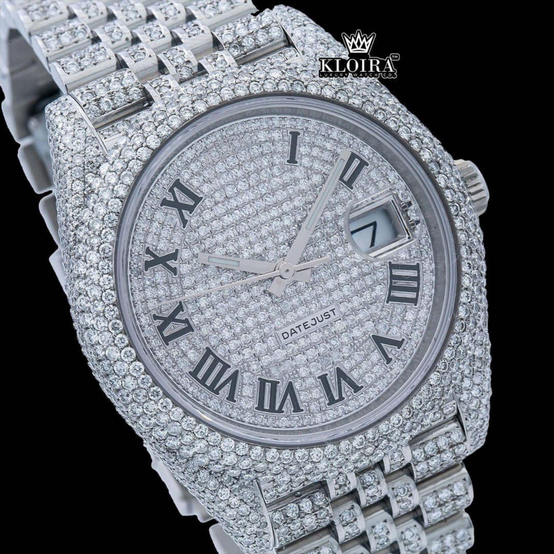 Black Roman Numeral Full Iced Out White Dial Moissanite Diamond Watch Close Up Dial View