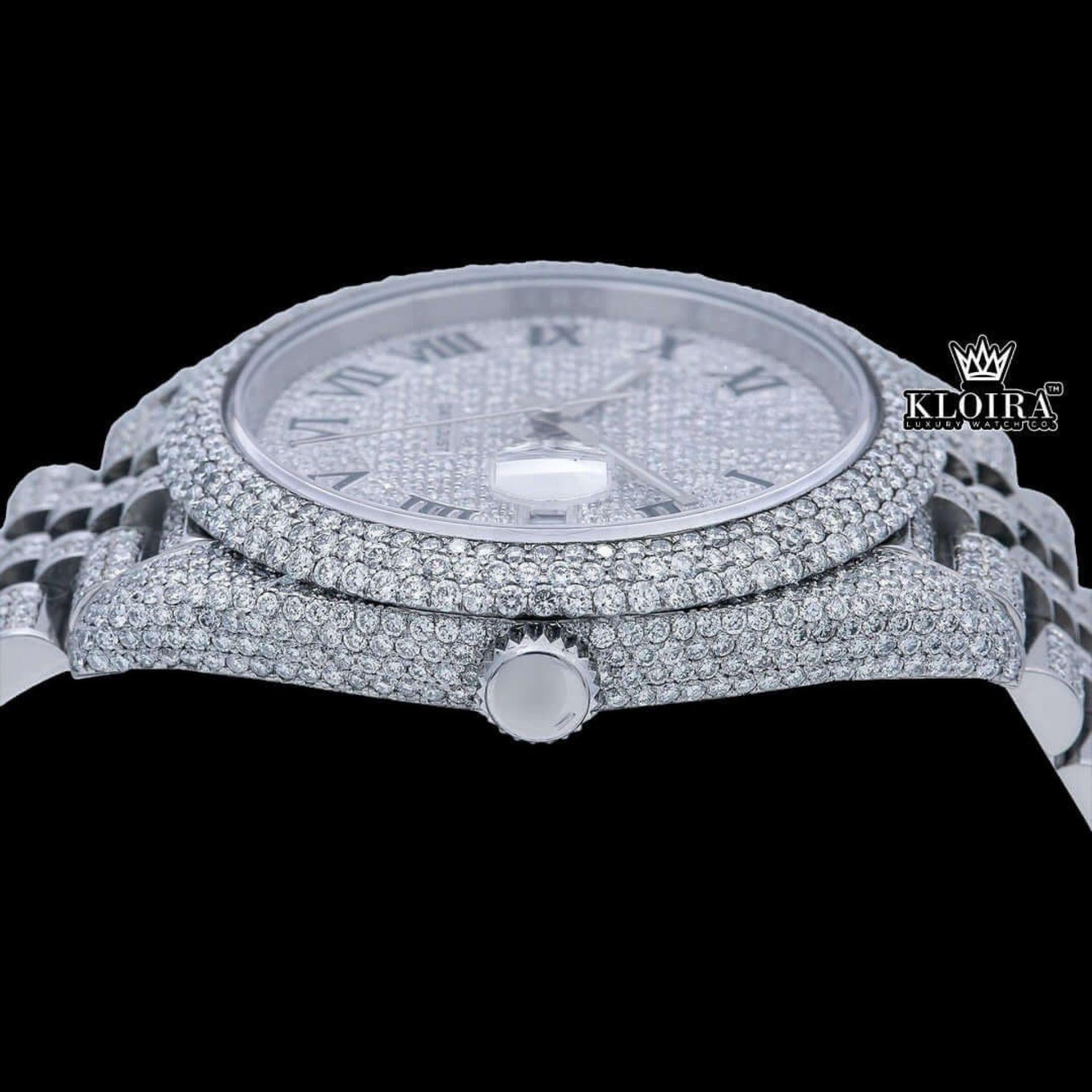 Black Roman Numeral Full Iced Out White Dial Moissanite Diamond Watch Crown View