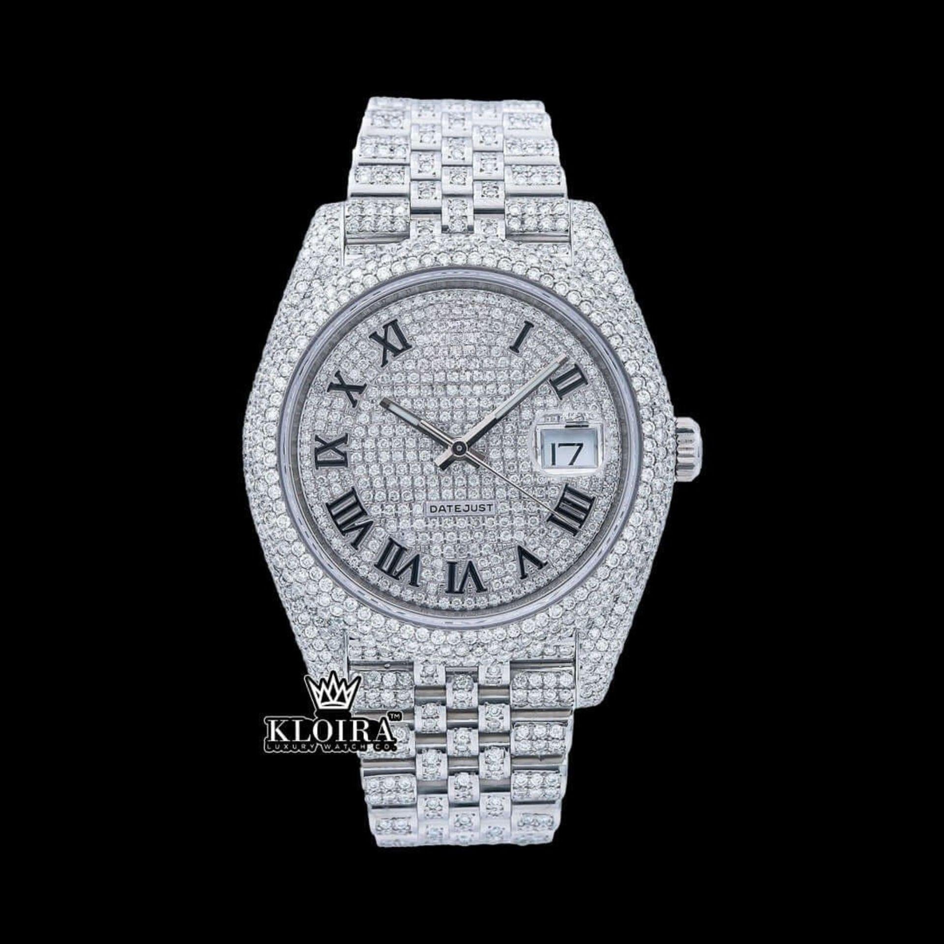 Black Roman Numeral Full Iced Out White Dial Moissanite Diamond Watch Front View