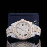 Black Roman Numerals Dial Day Date Display Two Tone Moissanite Watch Close Up Front View