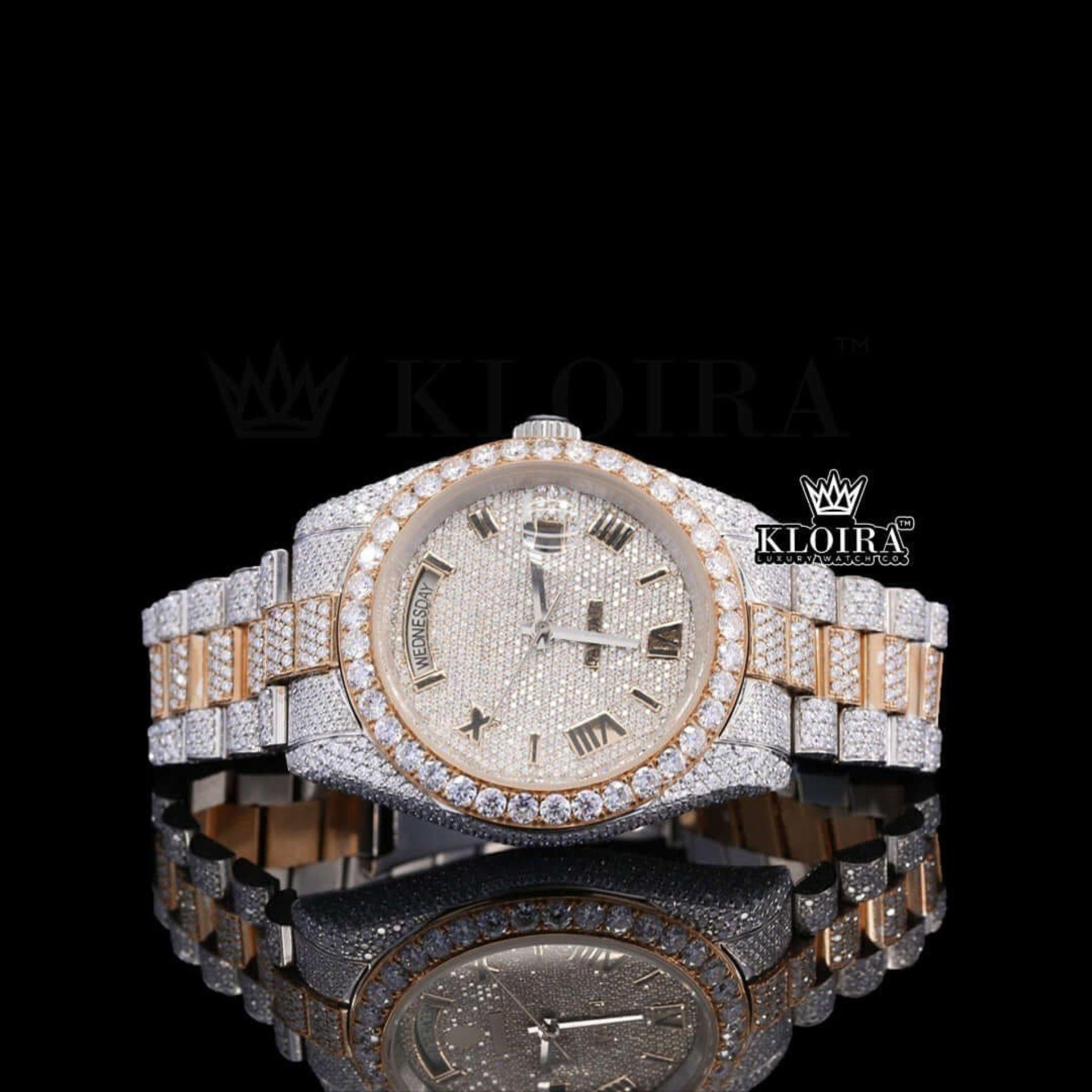 Black Roman Numerals Dial Day Date Display Two Tone Moissanite Watch Front View