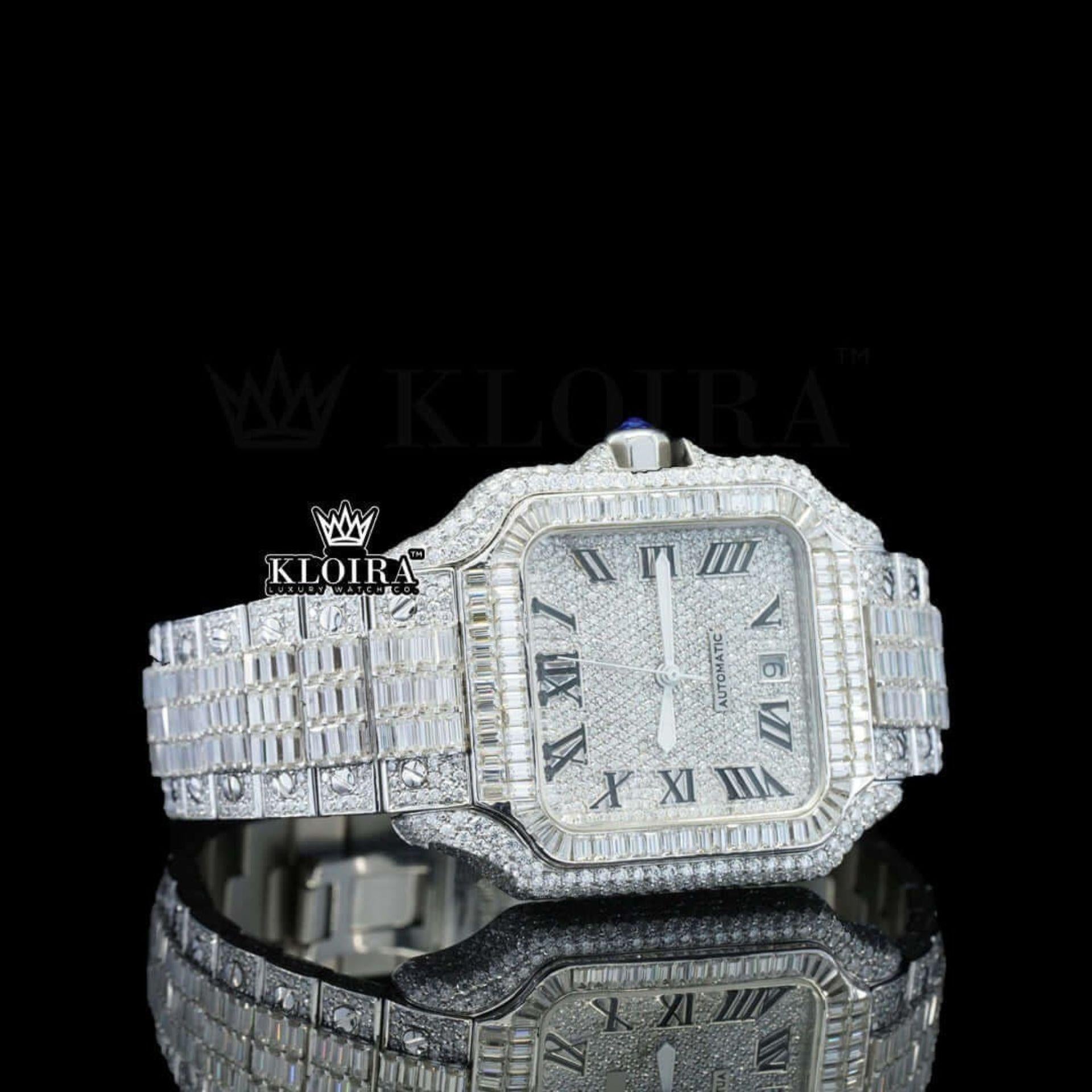 Black Roman Numerals Dial Full Iced Out Baguette Lab-Grown Diamond Watch Right Profile View