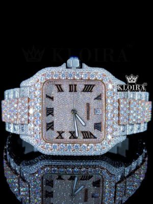 Black Roman Numerals Dial Two Tone Block Link Strap Moissanite Watch