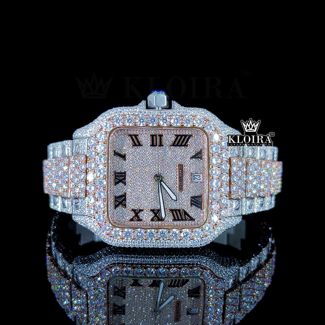 Black Roman Numerals Dial Two Tone Block Link Strap Moissanite Watch Front View