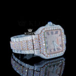 Black Roman Numerals Dial Two Tone Block Link Strap Moissanite Watch Right Profile View