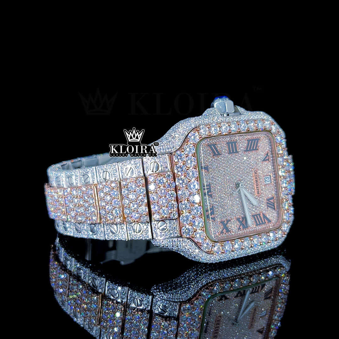 Black Roman Numerals Dial Two Tone Block Link Strap Moissanite Watch Right Profile View