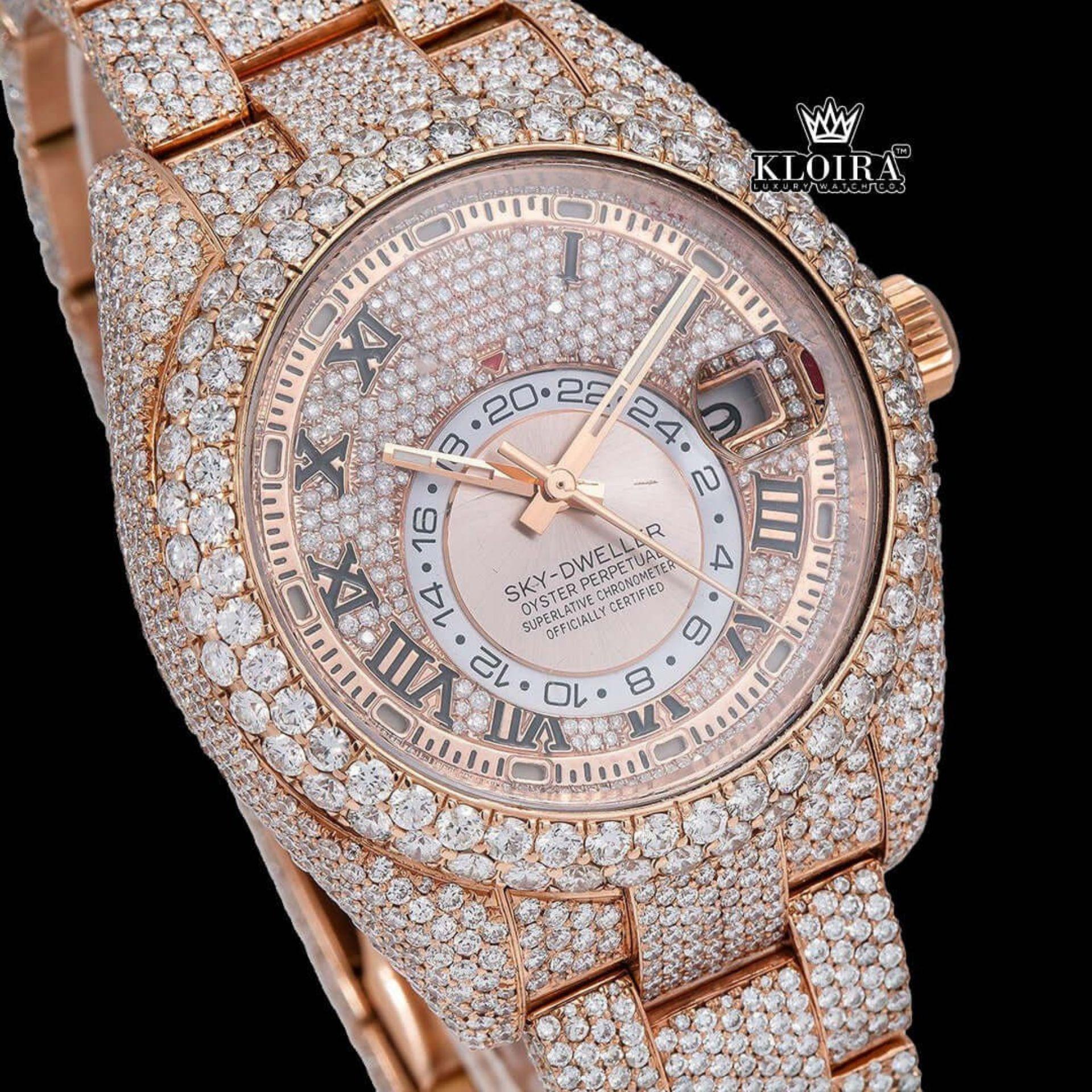 Black Roman Numerals Dual Time Dial Rose Gold Fully Iced Out Moissanite Watch Close Up Dial View