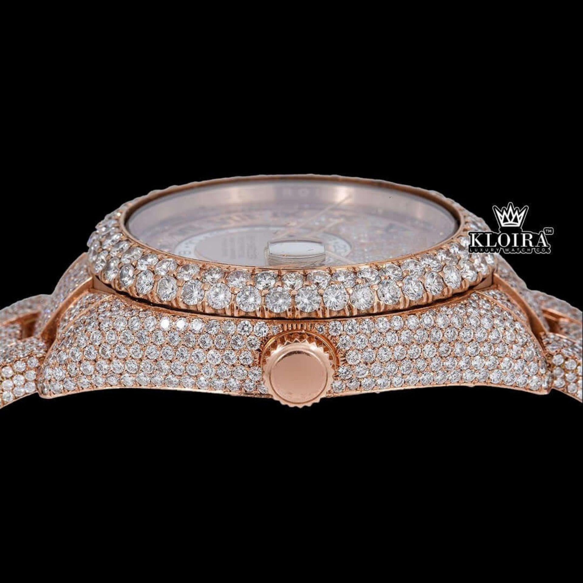 Black Roman Numerals Dual Time Dial Rose Gold Fully Iced Out Moissanite Watch Crown View