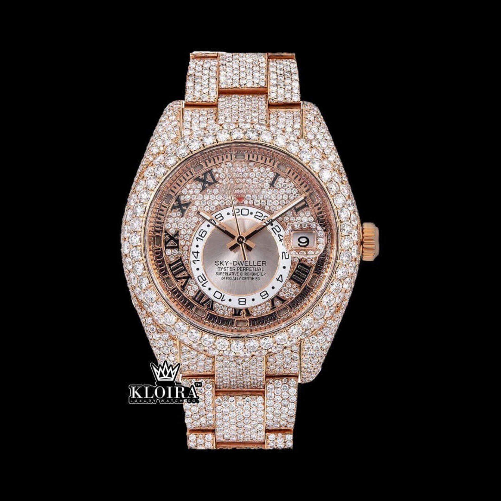 Black Roman Numerals Dual Time Dial Rose Gold Fully Iced Out Moissanite Watch Front View