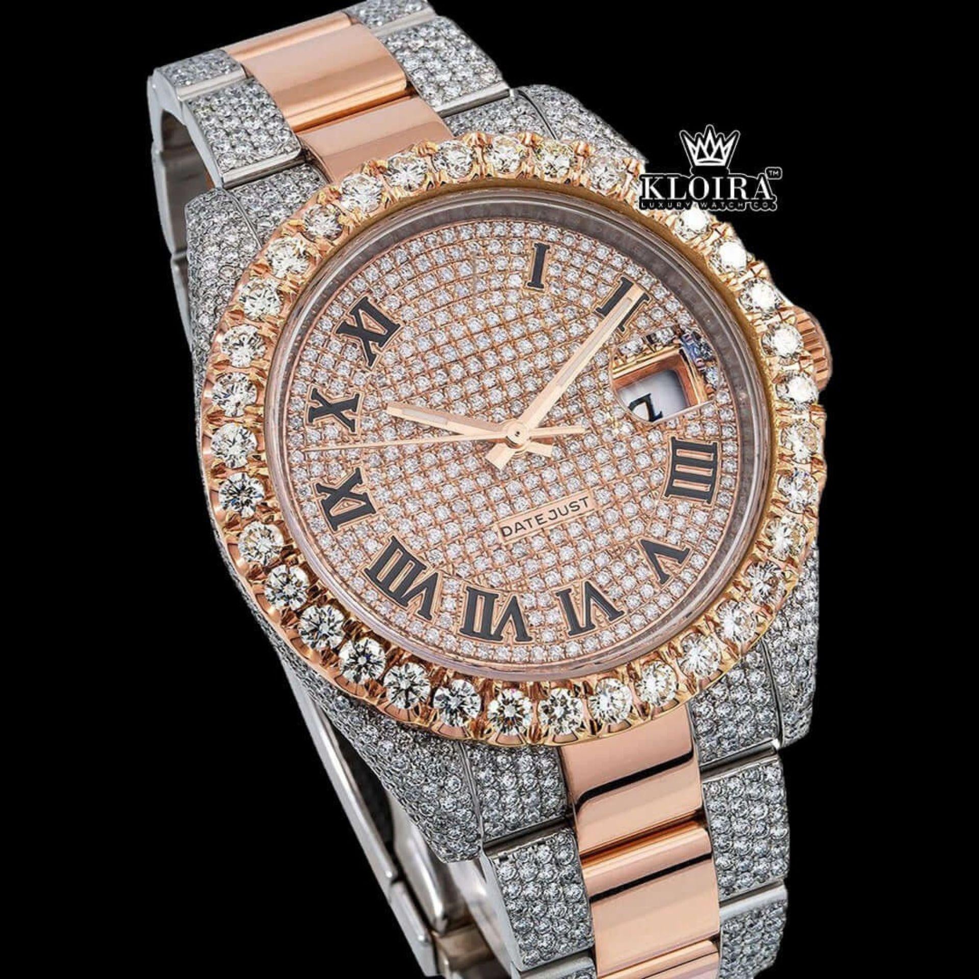 Black Roman Numerals Rose Gold Dial Two Tone Moissanite Diamond Watch Close Up Dial View