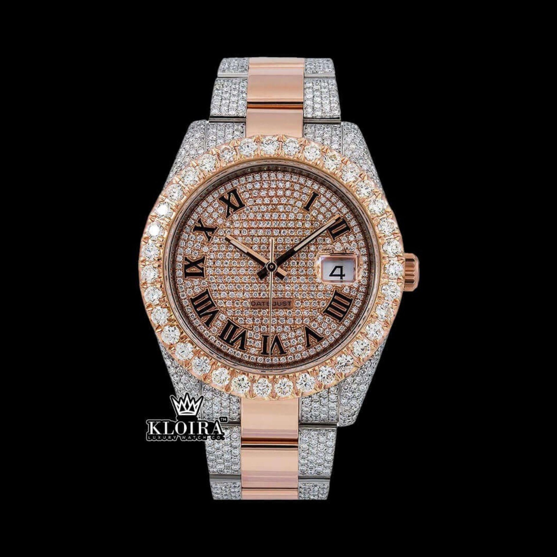 Black Roman Numerals Rose Gold Dial Two Tone Moissanite Diamond Watch Front View