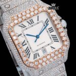 Black Roman Numerals Square White Dial Iced Out Moissanite Watch Close Up Dial View