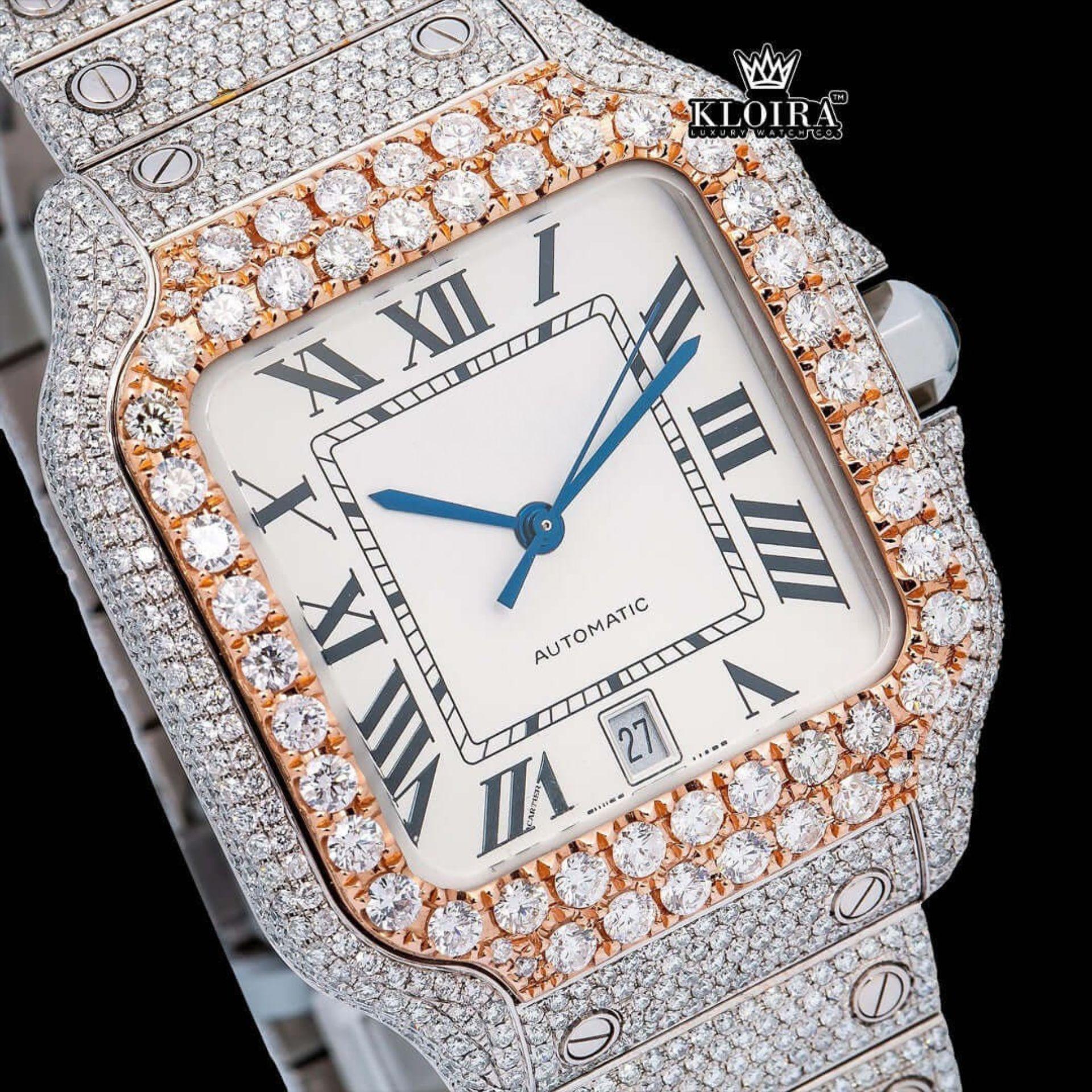 Black Roman Numerals Square White Dial Iced Out Moissanite Watch Close Up Dial View