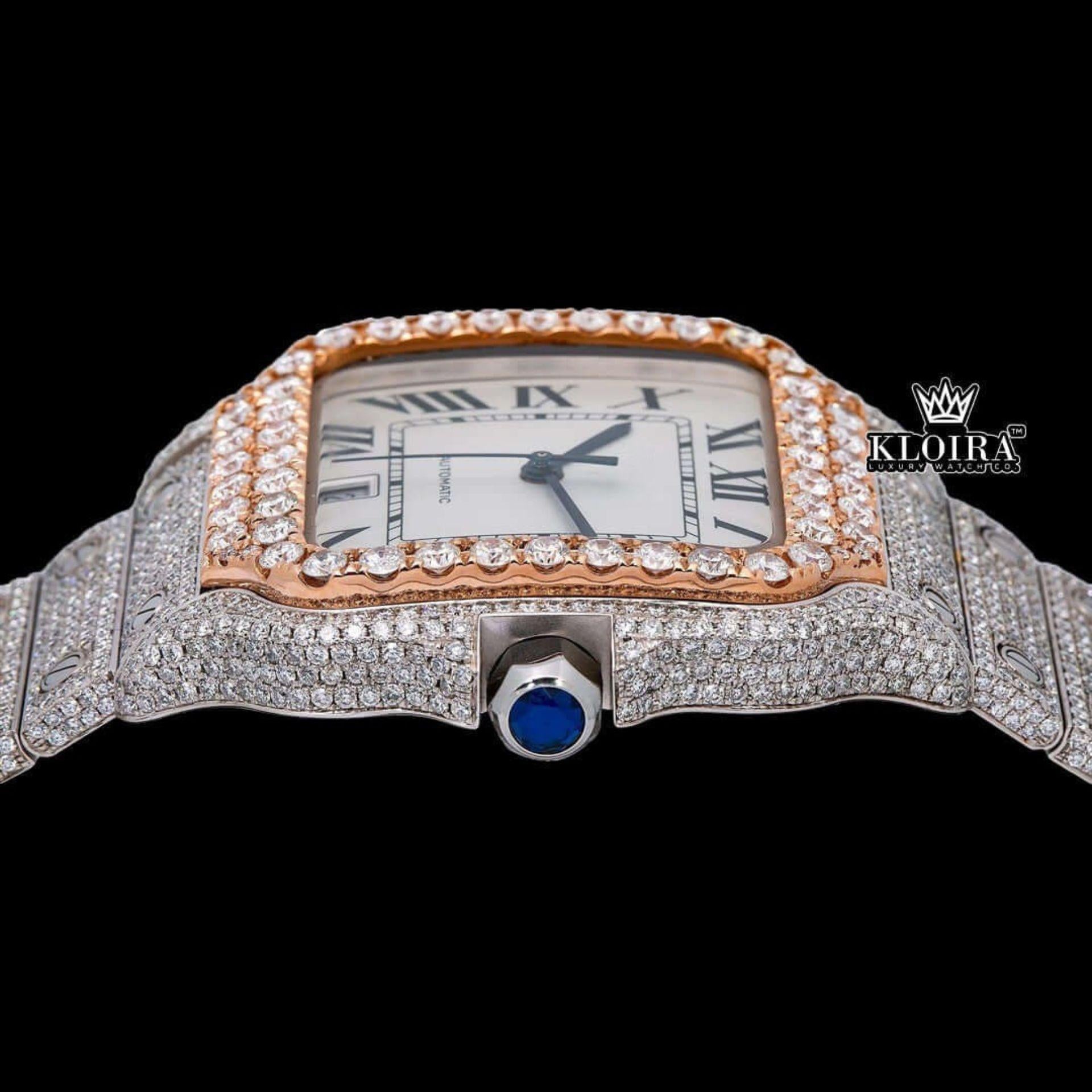 Black Roman Numerals Square White Dial Iced Out Moissanite Watch Crown View