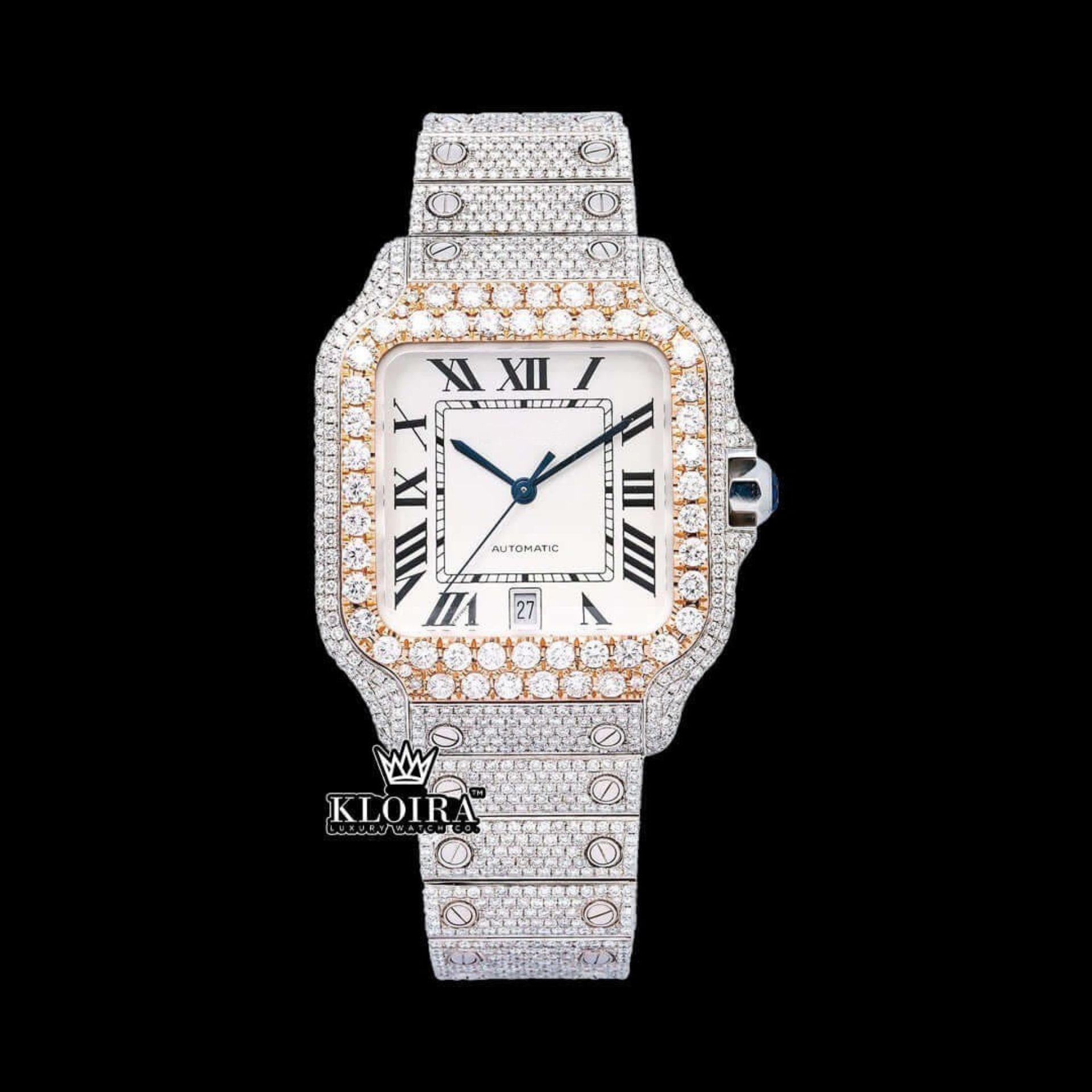 Black Roman Numerals Square White Dial Iced Out Moissanite Watch Front View