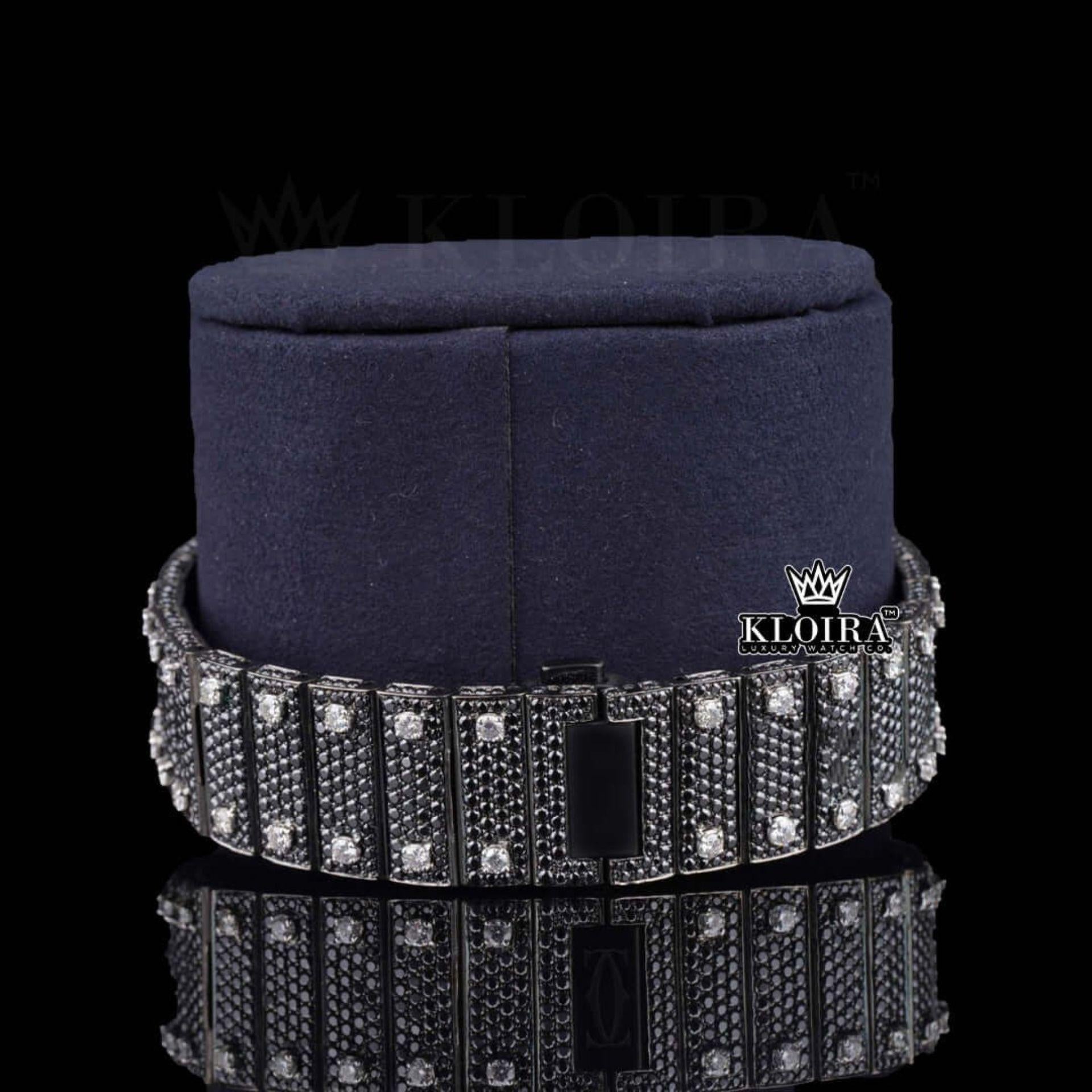 Black Roman Numerals White Dial Black Iced Moissanite Diamond Watch Close Up Bracelet View