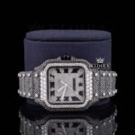 Black Roman Numerals White Dial Black Iced Moissanite Diamond Watch Close Up Front View