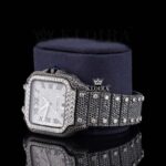 Black Roman Numerals White Dial Black Iced Moissanite Diamond Watch Left Profile View