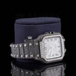Black Roman Numerals White Dial Black Iced Moissanite Diamond Watch Right Profile View