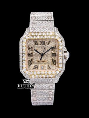 Black Roman Numerals Yellow Dial Two Tone Moissanite Watch