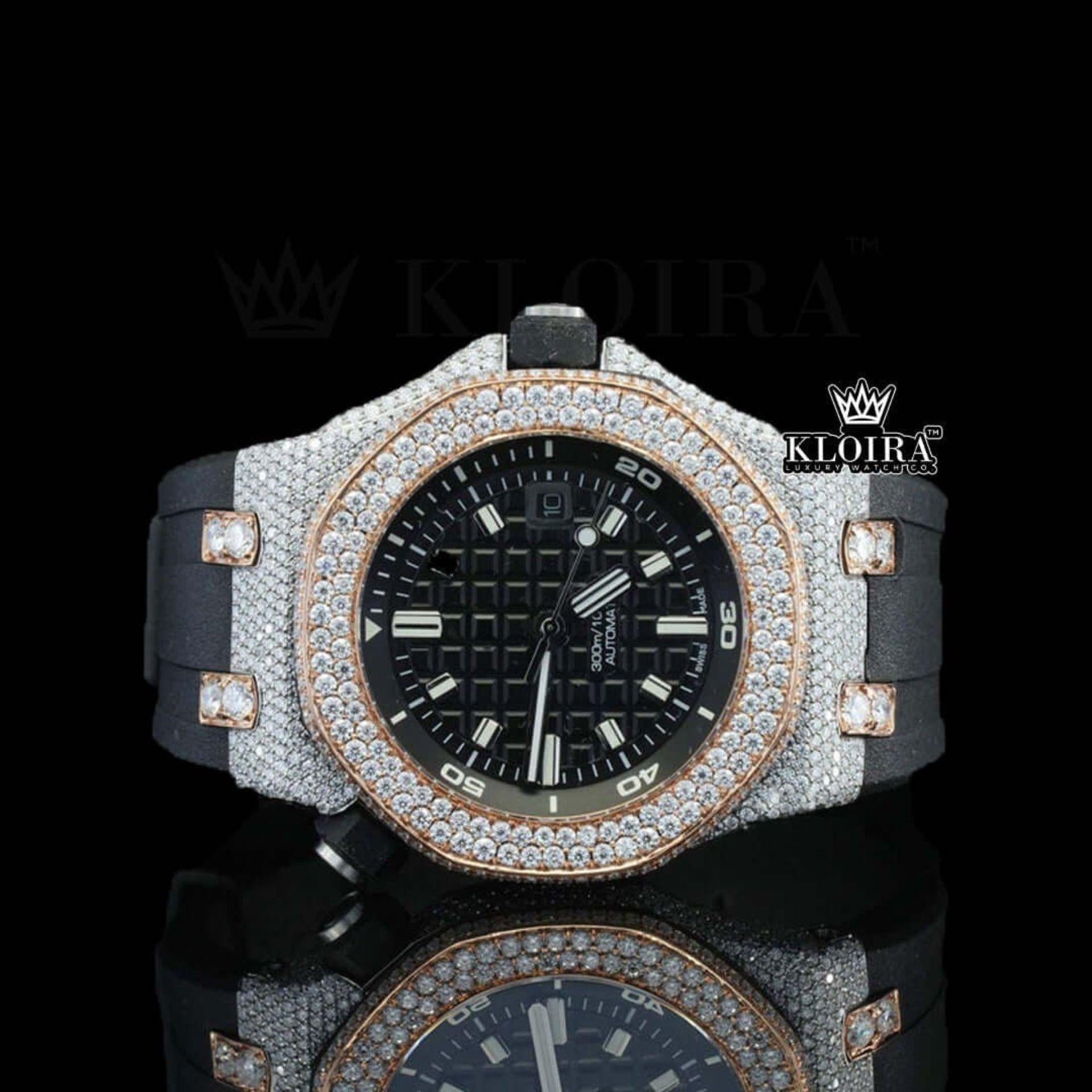 Black Rubber Strap AP Black Dial Semi Iced Out Moissanite Diamond Watch Front View