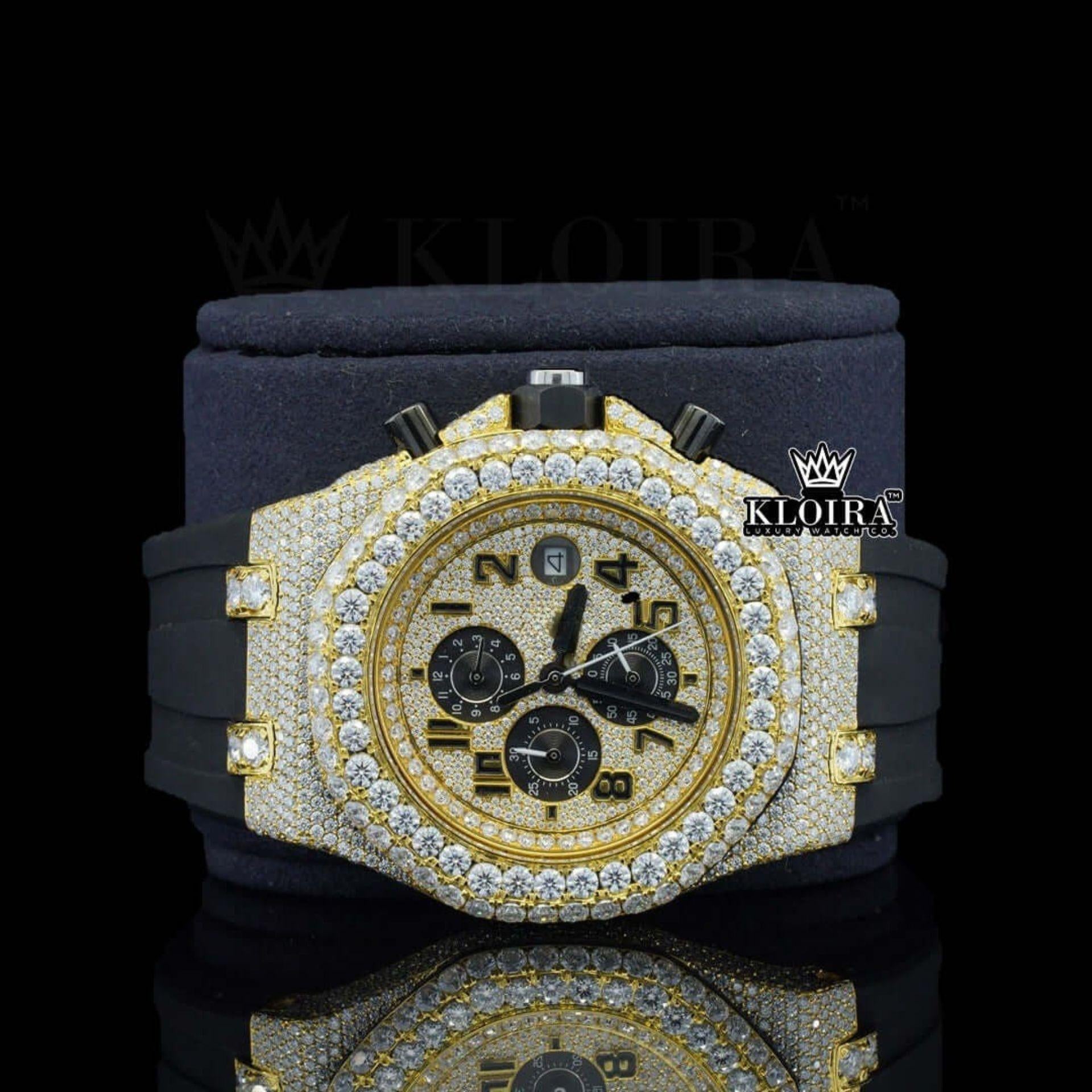 Black Rubber Strap AP Iced Out Yellow Dial Moissanite Diamond Watch Close Up Dial View