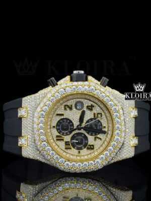 Black Rubber Strap AP Iced Out Yellow Dial Moissanite Diamond Watch
