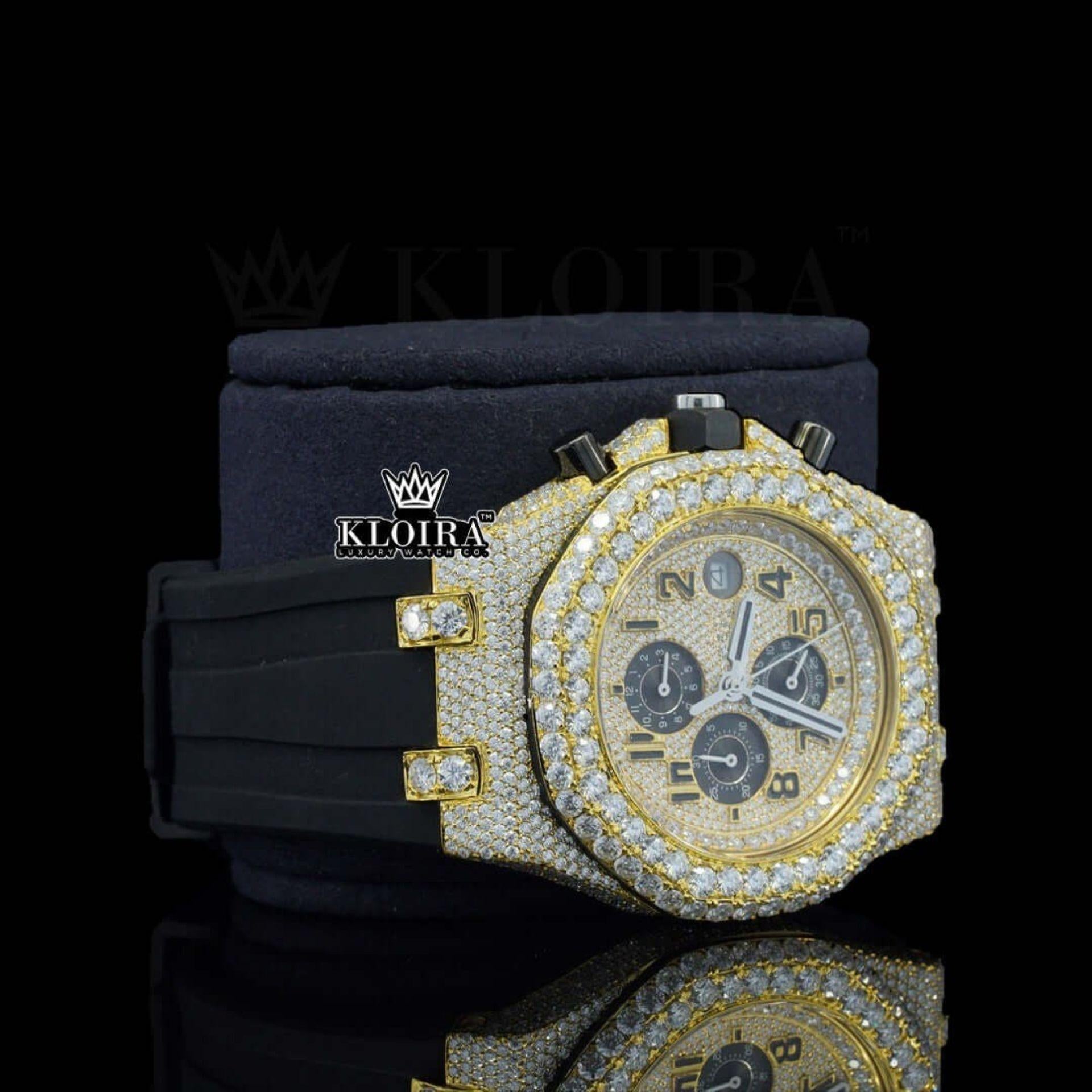 Black Rubber Strap AP Iced Out Yellow Dial Moissanite Diamond Watch Right Profile View