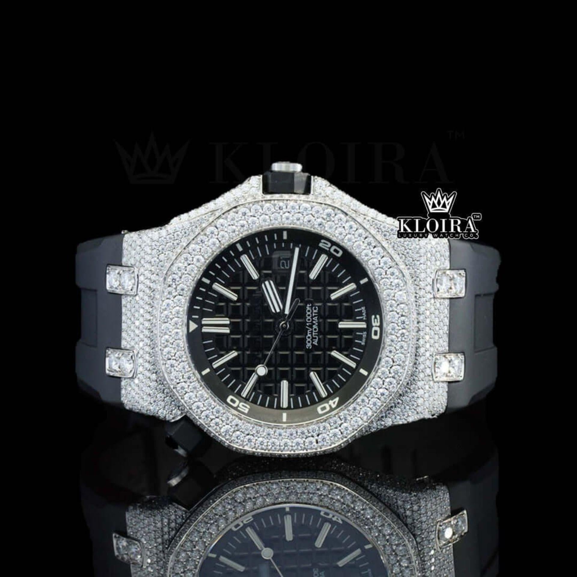 Black Rubber Strap Black Dial AP Iced Out Moissanite Diamond Watch Front View
