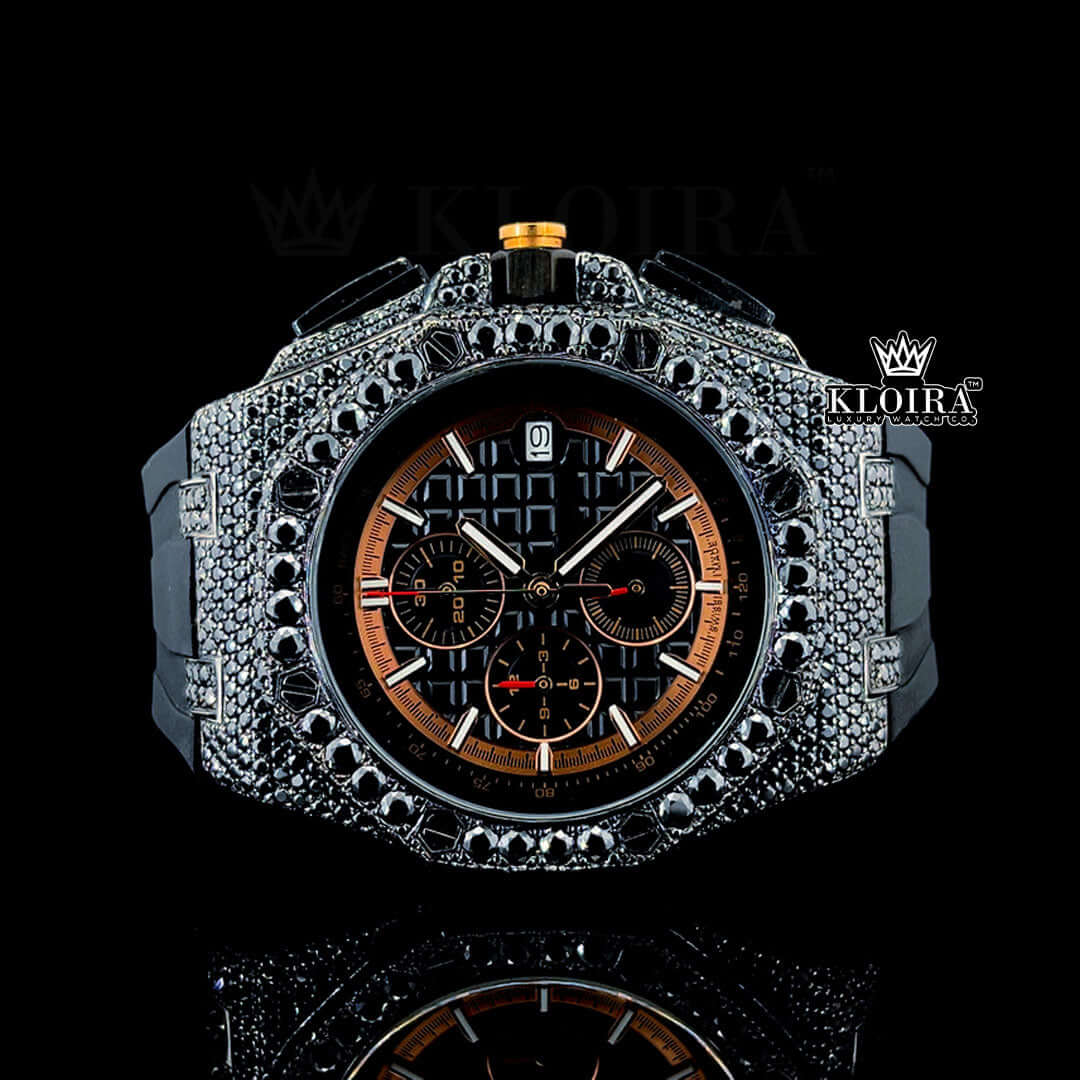 Black Rubber Strap Chronograph Dial Semi Iced Out Moissanite Watch Front View