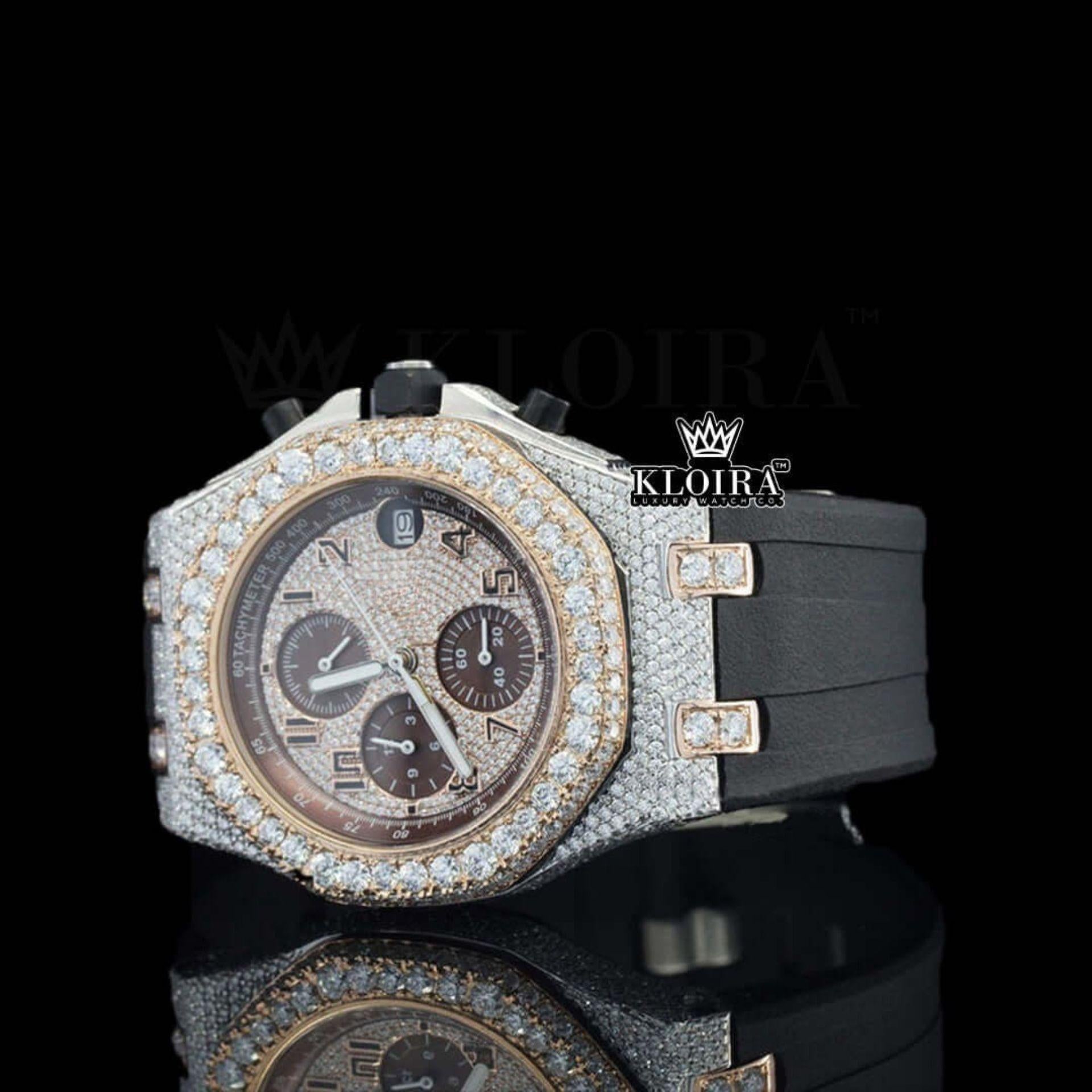 Black Rubber Strap Chronograph Semi Iced Out Moissanite Diamond Watch Left Profile View