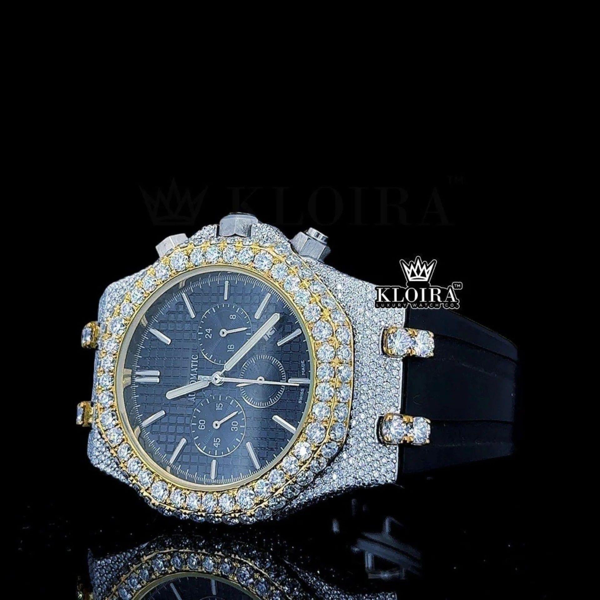 Black Rubber Strap Iced Out Chronograph Dial Moissanite Diamond Watch Close Up Dial View