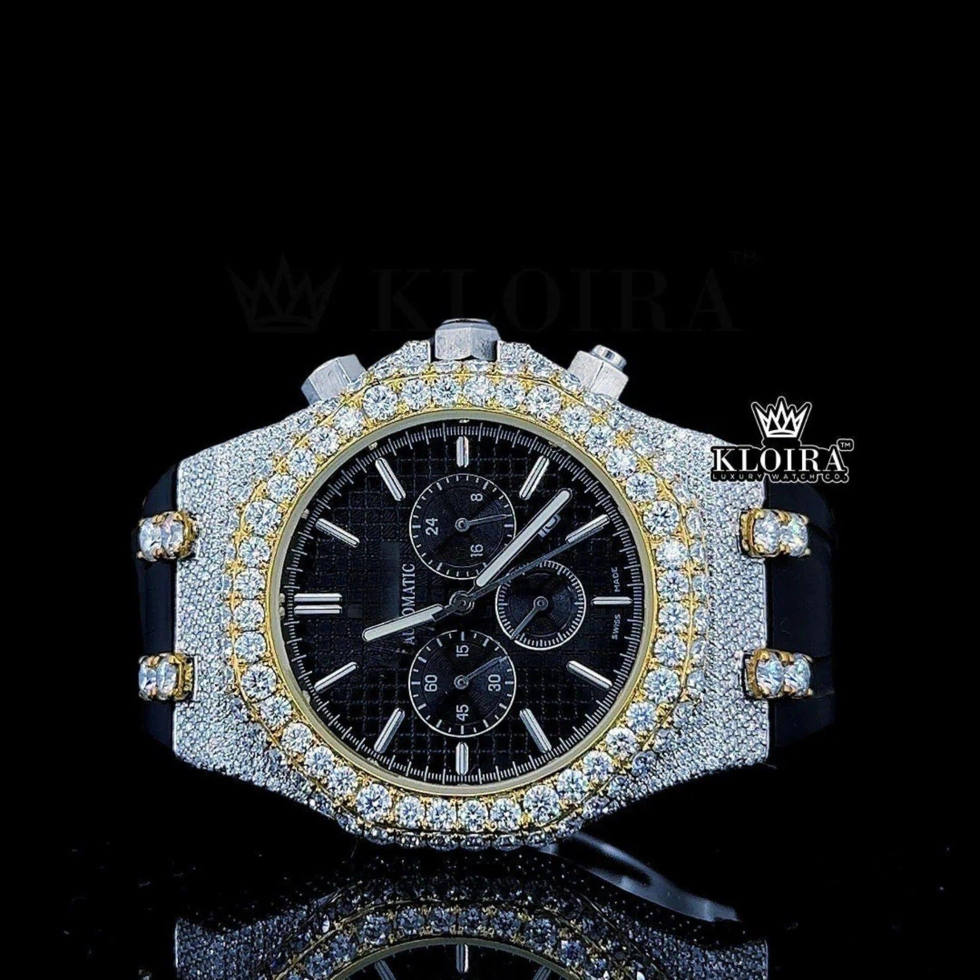 Black Rubber Strap Iced Out Chronograph Dial Moissanite Diamond Watch Front View