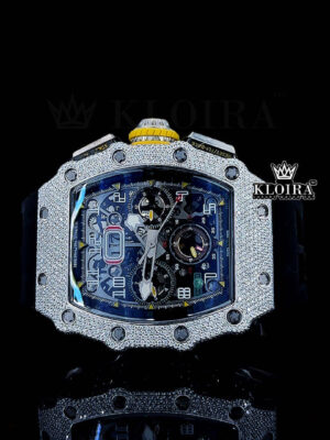 Black Rubber Strap Skeleton Dial Semi Iced Out Moissanite Watch