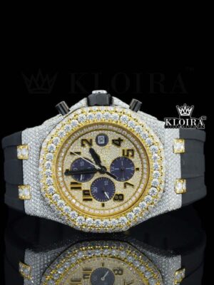 Black Rubber Strap Yellow Dial Chronograph Standard Numerals Moissanite Watch