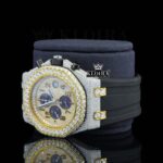 Black Rubber Strap Yellow Dial Chronograph Standard Numerals Moissanite Watch Left Profile View