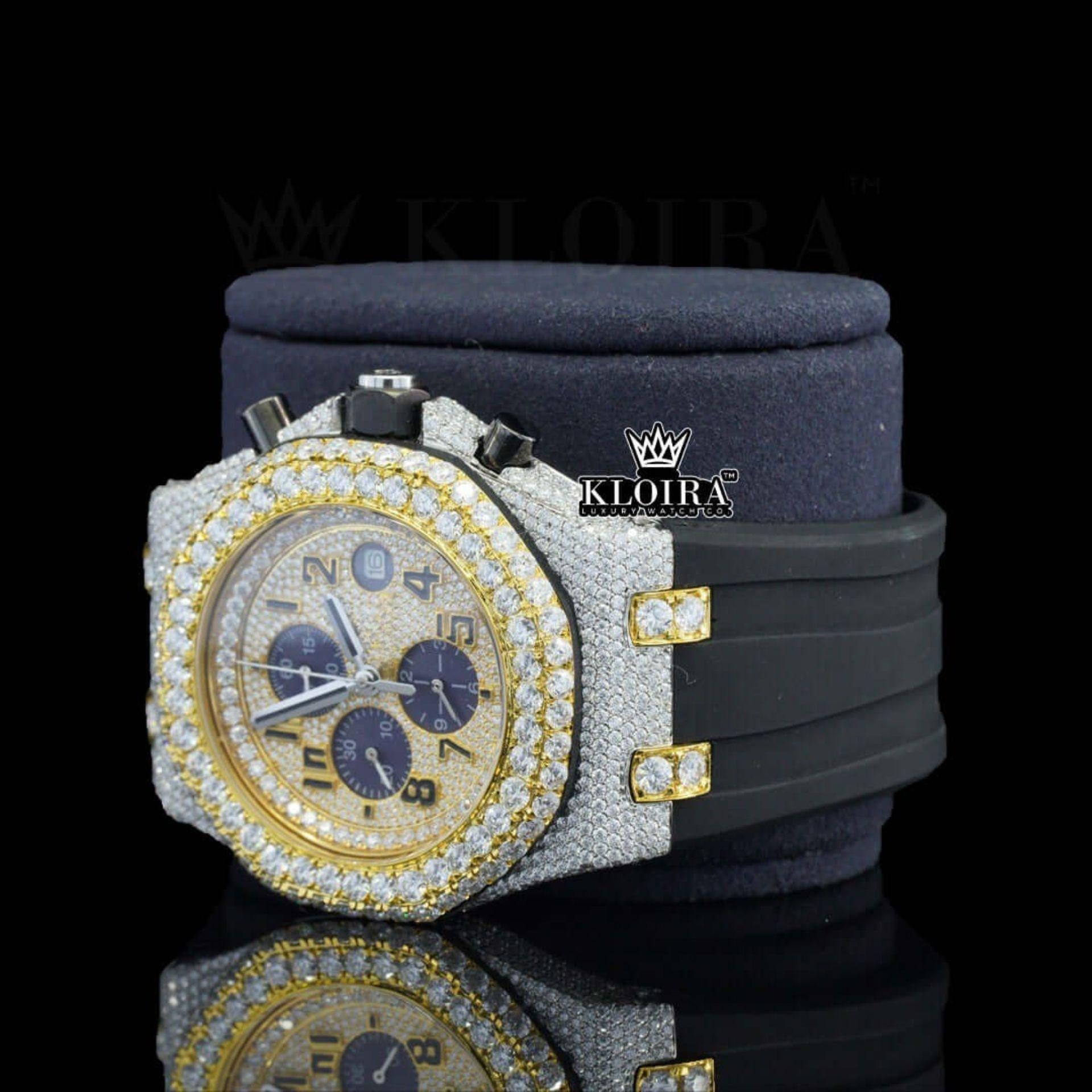 Black Rubber Strap Yellow Dial Chronograph Standard Numerals Moissanite Watch Left Profile View