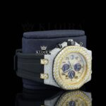 Black Rubber Strap Yellow Dial Chronograph Standard Numerals Moissanite Watch Right Profile View