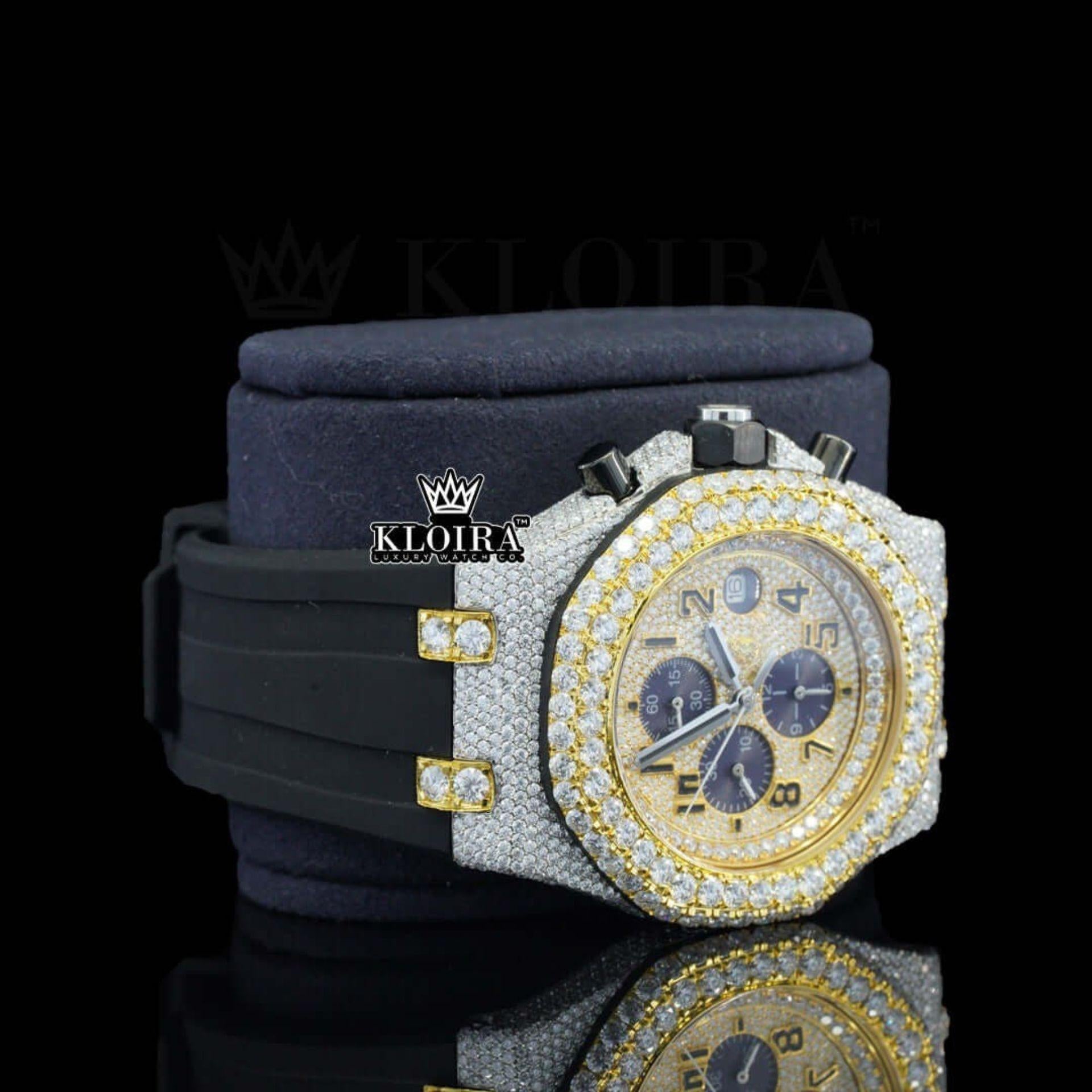 Black Rubber Strap Yellow Dial Chronograph Standard Numerals Moissanite Watch Right Profile View