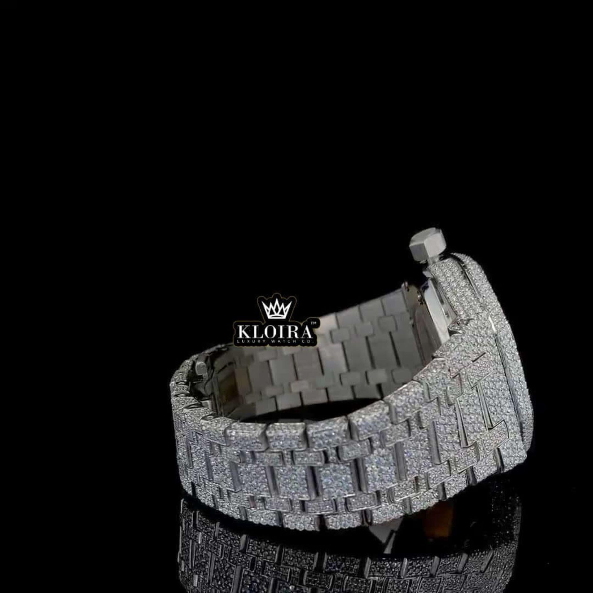 Black Skeleton Dial Fully Iced Out Moissanite Diamond Watch Right Profile View